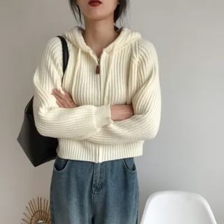 Hooded Ribbed Zip-Front Cardigan