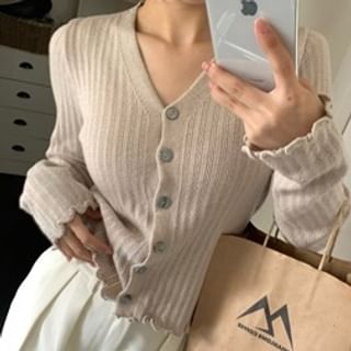 V-Neck Solid Ribbed Button Knitwear