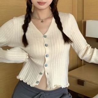 V-Neck Solid Ribbed Button Knitwear