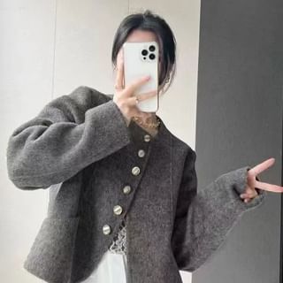 Long Sleeve Round Neck Button Up Wool Blend Jacket