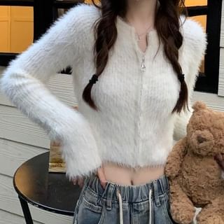 Notch Neck Solid Fluffy Crop Zip Jacket