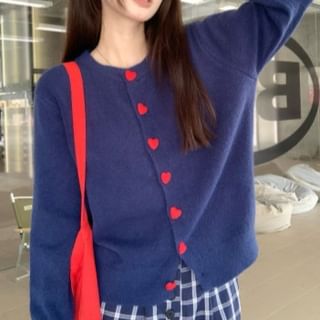 Heart-Button Round-Neck Cardigan