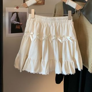 High Rise Plain Bow Lace Trim Mini A-Line Skirt