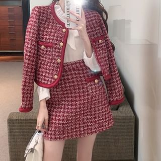 Set: Houndstooth Tweed Button-Up Jacket + High Waist Mini A-Line Skirt