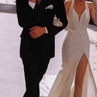 Sleeveless V-Neck Plain Slit A-Line Wedding Dress