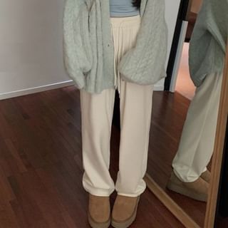 Plain Padded Crop Cami Top / V-Neck Cable Knit Button-Up Cardigan / Drawstring Waist Loose Fit Pants