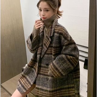 Notch Lapel Plaid Tweed Double-Breasted Coat