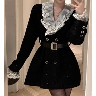 Lapel Collar Lace Panel Tweed Mini Coat Dress