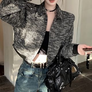 Lapel Collar Tweed Zip Cropped Jacket