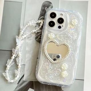 Pearl Case Set Strap Faux Mirrored Phone / Heart