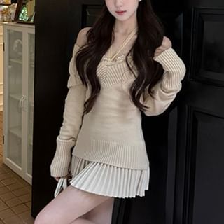 Knit Top with Lace Cami and Pleated Skirt