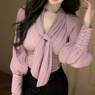Ruched Tie-Neck Puff-Sleeve Plain Blouse