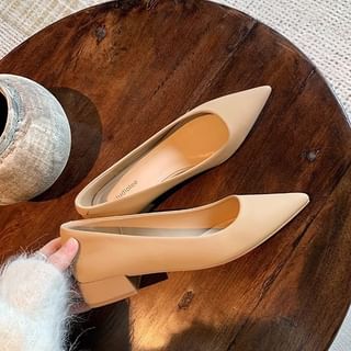 Plain Heel Pointed Chunky Pumps Faux Leather Toe