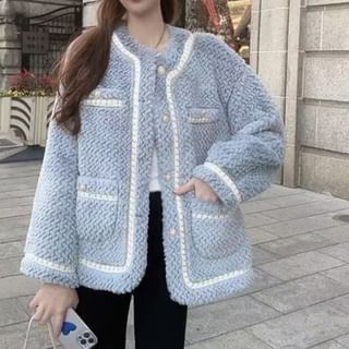 Round Neck Plain Contrast Trim Tweed Button Jacket