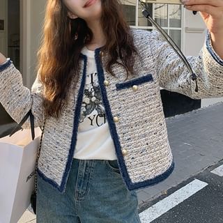 Round Neck Contrast Trim Tweed Button Jacket
