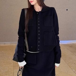 Collared Multi-Pocket Cardigan & High-Waist Knit Maxi Skirt Set