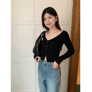 V-Neck Button-Up Crop Cardigan
