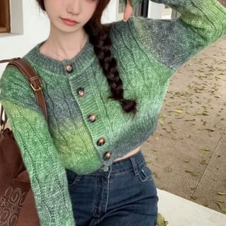Gradient Button Crop Round Neck Cardigan
