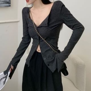 V-Neck Button-Up Plain Cardigan