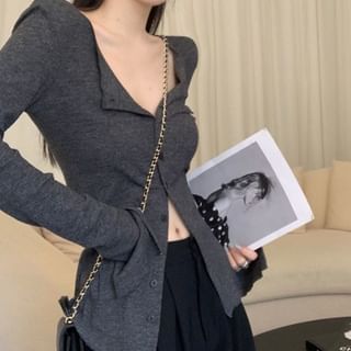 V-Neck Button-Up Plain Cardigan