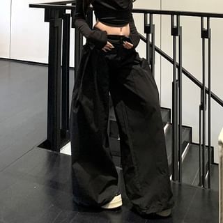 Plain Cropped Inverted Leg Rise Low Collar Pleated Tee Long-Sleeve Wide Pants /