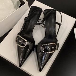 Kitten Heel Pointed Toe Plain Buckled Slingback Sandals