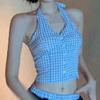Pants V-Neck / Button-Up Low Wide Leg Crop Waist Top Halter Gingham