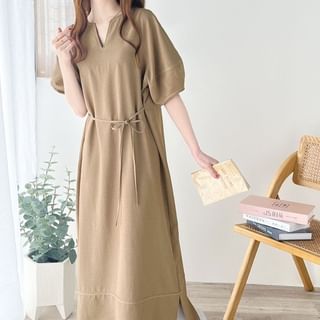 Button Slit Balloon Sleeve Contrast Stitch A-Line Maxi
