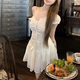 / Mini A-Line Panel Skirt Fit High Short-Sleeve Waist Blouse Lace Slim