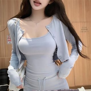 Scoop Neck Plain Crop Camisole Top / Drawstring Waist Flared Pants / Crew Neck Button-Up Cardigan