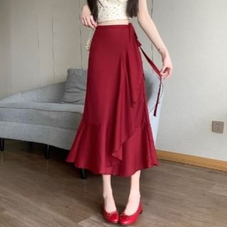 Plain A-Line Waist High Midi Skirt Ruffle