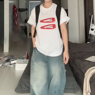 Short-Sleeve Oversized Round T-Shirt Neck Print