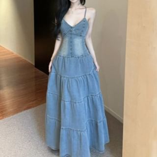 Washed Denim Maxi A-Line Dress with Tiered Button Front