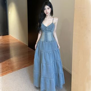 Washed Denim Maxi A-Line Dress with Tiered Button Front