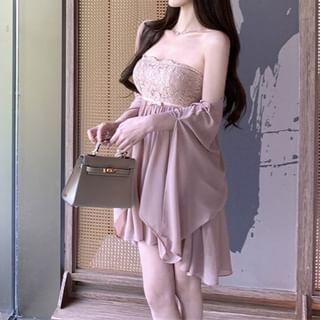 / Strapless Shawl Plain Dress Accent Lace Panel Mini Bow A-Line