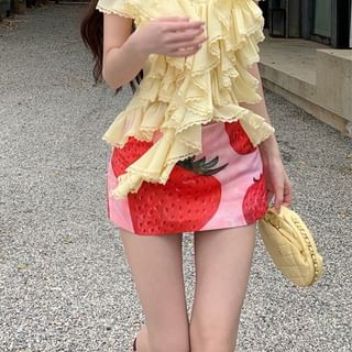Plain Halter Strawberry Print Mini Ruffle Pencil Skirt High / Top Waist