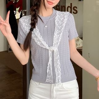 Cropped Knit Top with Lace Trim and Crew Neck