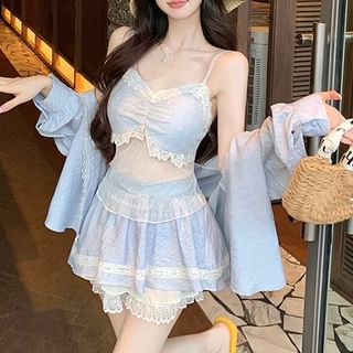 Lace Trim Crop Set: Camisole, Skirt, Shirt - LaceLux