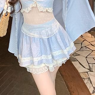 Lace Trim Crop Set: Camisole, Skirt, Shirt - LaceLux