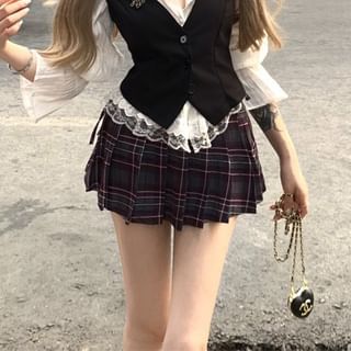 A-Line / Cami High Plain Trim Blouse Top Puff-Sleeve Pleated Waist Plaid Button-Up Striped Mini Skirt Lace