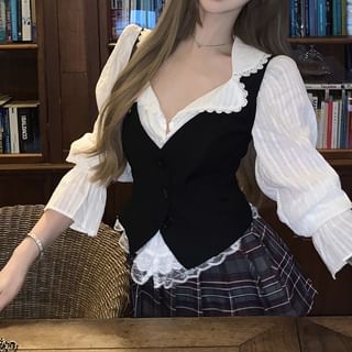 A-Line / Cami High Plain Trim Blouse Top Puff-Sleeve Pleated Waist Plaid Button-Up Striped Mini Skirt Lace