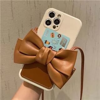 with Card Case Lanyard Phone Holder Faux Bow Leather