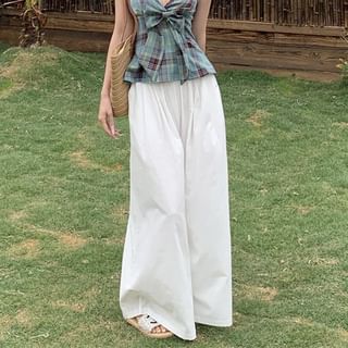 Halter Plaid Top Plain / Tank Waist Peplum Bow Culottes High