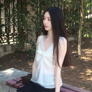 Sleeveless V-Neck Blouse with A-Line Skirt