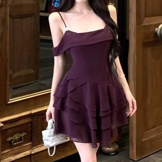 Spaghetti Strap Plain Tiered Mini A-Line Dress