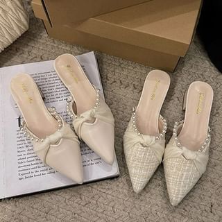 Pointed Toe Knot Faux Pearl Chunky Heel Mules