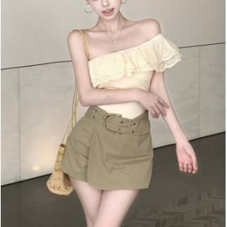 Cap-Sleeve One-Shoulder Lace Slim Fit Crop & High Waist Asymmetrical Mini Skort