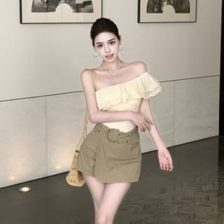 Cap-Sleeve One-Shoulder Lace Slim Fit Crop & High Waist Asymmetrical Mini Skort