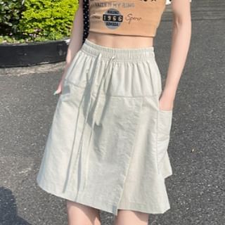 Drawstring-Waist Slit Mini Flared Skirt