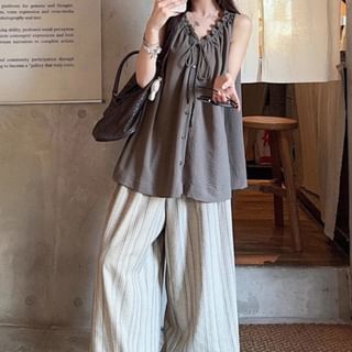 Plain Frill Tie-Front Buttoned V-Neck Sleeveless Top / Striped Wide-Leg Pants